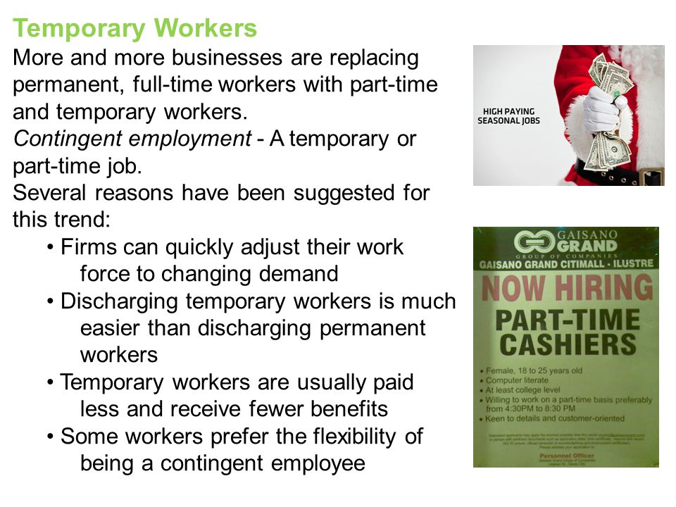 Temporary Workers More and more businesses are replacing permanent, full-time workers with part-time and temporary workers.