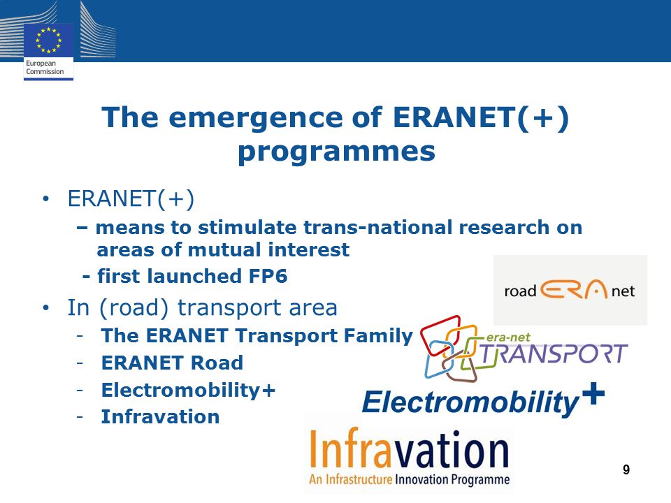 The emergence of ERANET(+) programmes ERANET(+) – means to stimulate trans-national research on areas of mutual interest - first launched FP6 In (road) transport area -The ERANET Transport Family -ERANET Road -Electromobility+ -Infravation 9