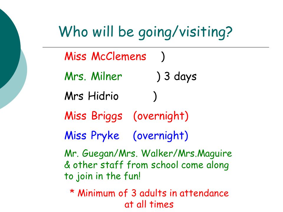 Who will be going/visiting. Miss McClemens ) Mrs.