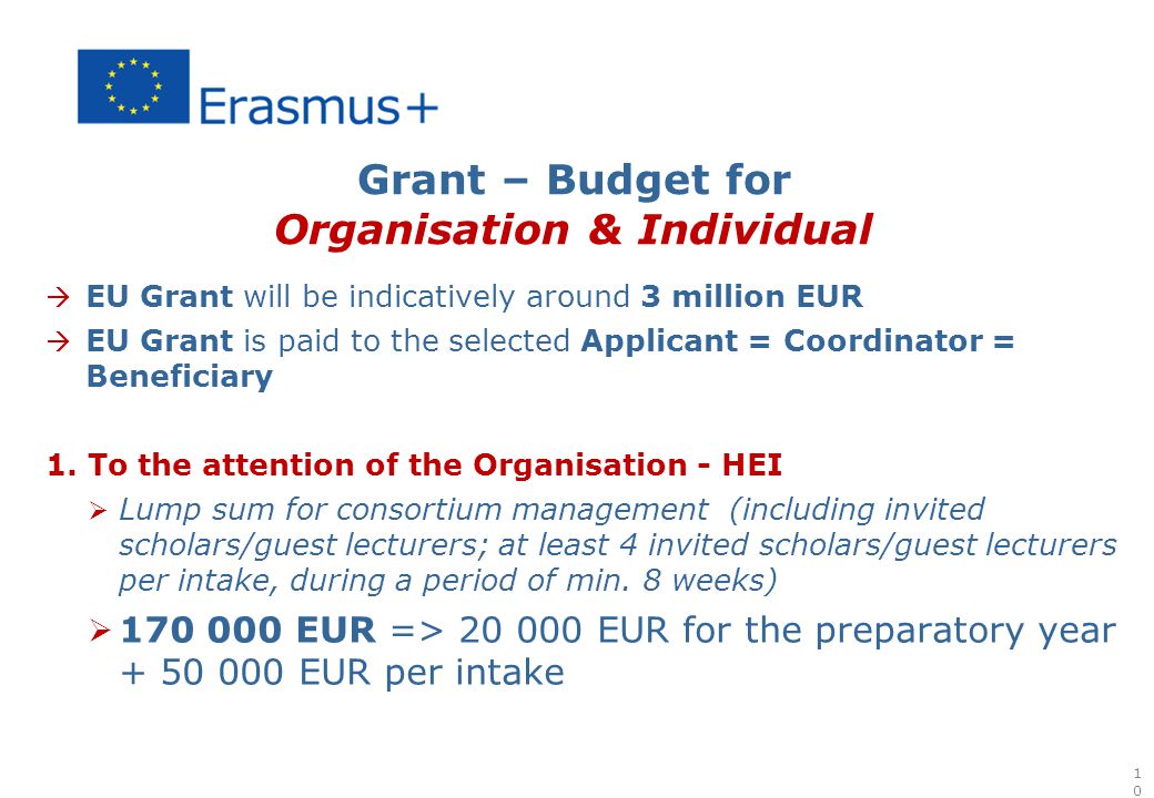 Grant – Budget for Organisation & Individual  EU Grant will be indicatively around 3 million EUR  EU Grant is paid to the selected Applicant = Coordinator = Beneficiary 1.