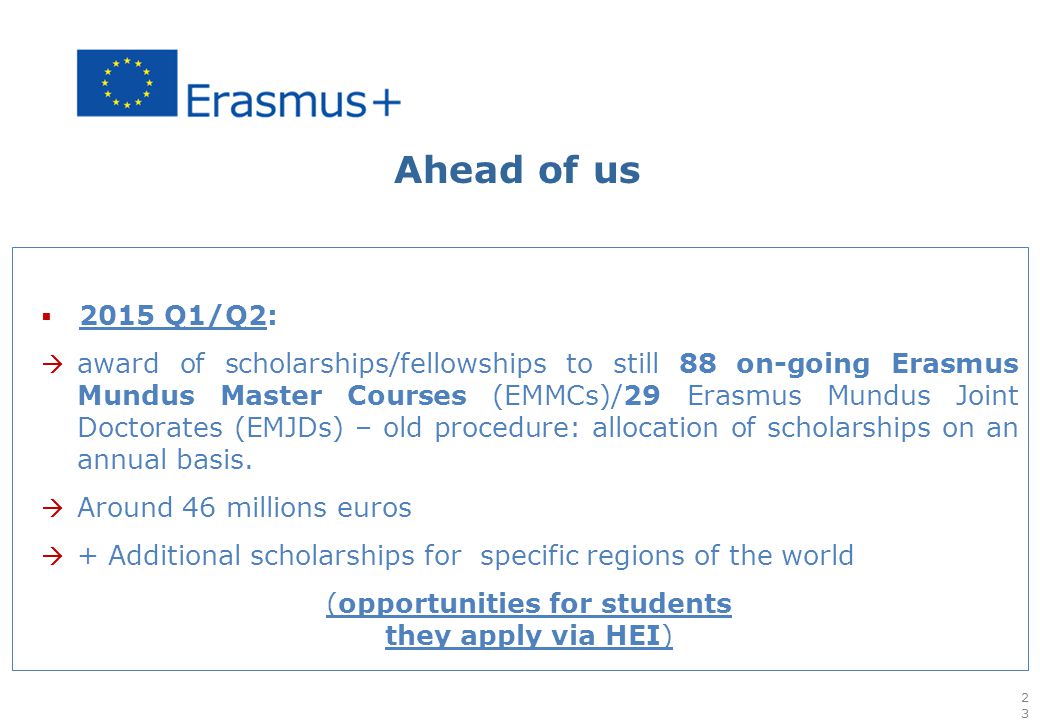 Ahead of us  2015 Q1/Q2:  award of scholarships/fellowships to still 88 on-going Erasmus Mundus Master Courses (EMMCs)/29 Erasmus Mundus Joint Doctorates (EMJDs) – old procedure: allocation of scholarships on an annual basis.