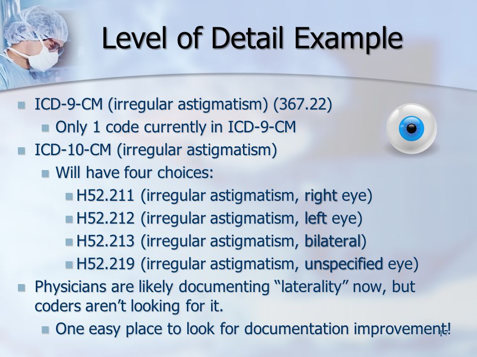 ICD-9-CM (irregular astigmatism) (367.22) ICD-9-CM (irregular astigmatism) (367.22) Only 1 code currently in ICD-9-CM Only 1 code currently in ICD-9-CM ICD-10-CM (irregular astigmatism) ICD-10-CM (irregular astigmatism) Will have four choices: Will have four choices: H (irregular astigmatism, right eye) H (irregular astigmatism, right eye) H (irregular astigmatism, left eye) H (irregular astigmatism, left eye) H (irregular astigmatism, bilateral) H (irregular astigmatism, bilateral) H (irregular astigmatism, unspecified eye) H (irregular astigmatism, unspecified eye) Physicians are likely documenting laterality now, but coders aren’t looking for it.