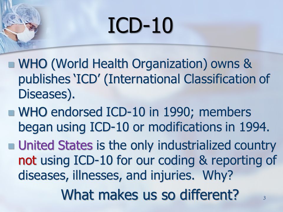 WHO (World Health Organization) owns & publishes ‘ICD’ (International Classification of Diseases).