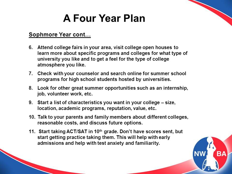 6 A Four Year Plan Sophmore Year cont… 6.Attend college fairs in your area, visit college open houses to learn more about specific programs and colleges for what type of university you like and to get a feel for the type of college atmosphere you like.