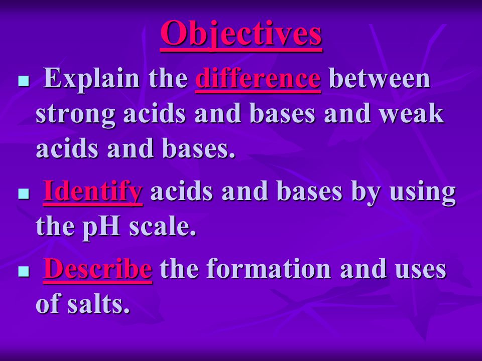 Objectives Explain the difference between strong acids and bases and weak acids and bases.