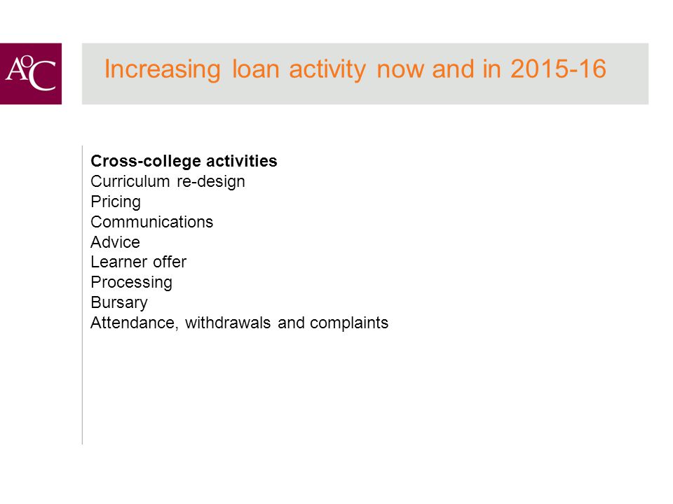 Increasing loan activity now and in Cross-college activities Curriculum re-design Pricing Communications Advice Learner offer Processing Bursary Attendance, withdrawals and complaints