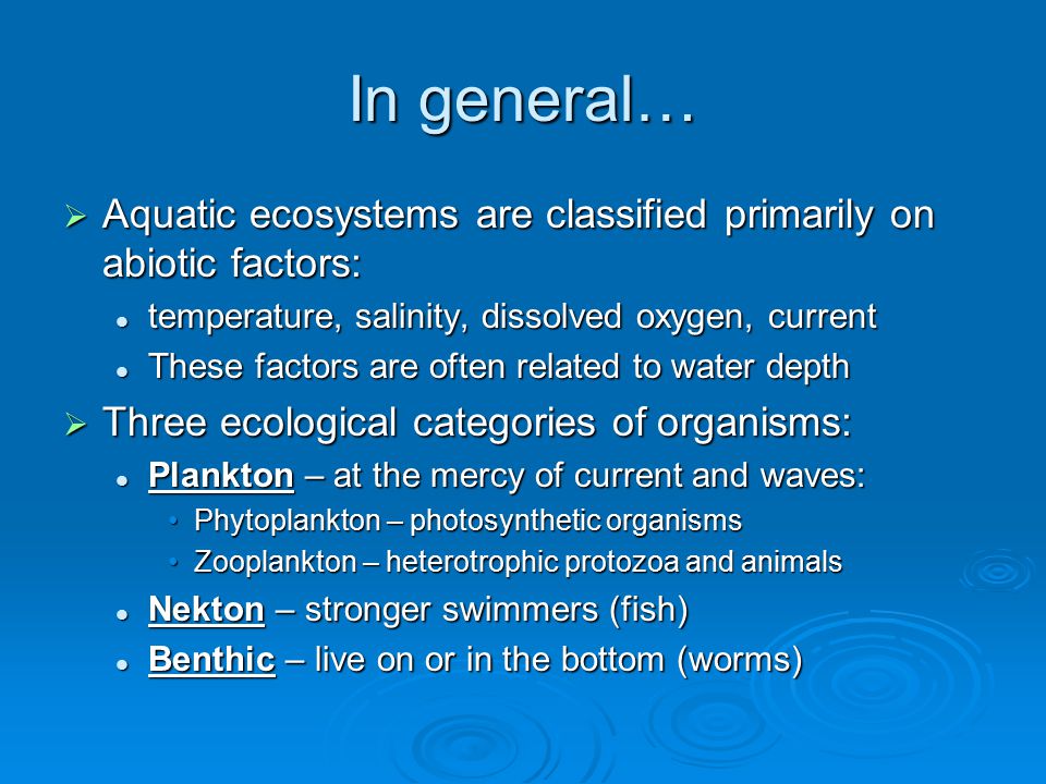 In general…  Aquatic ecosystems are classified primarily on abiotic factors: temperature, salinity, dissolved oxygen, current temperature, salinity, dissolved oxygen, current These factors are often related to water depth These factors are often related to water depth  Three ecological categories of organisms: Plankton – at the mercy of current and waves: Plankton – at the mercy of current and waves: Phytoplankton – photosynthetic organismsPhytoplankton – photosynthetic organisms Zooplankton – heterotrophic protozoa and animalsZooplankton – heterotrophic protozoa and animals Nekton – stronger swimmers (fish) Nekton – stronger swimmers (fish) Benthic – live on or in the bottom (worms) Benthic – live on or in the bottom (worms)