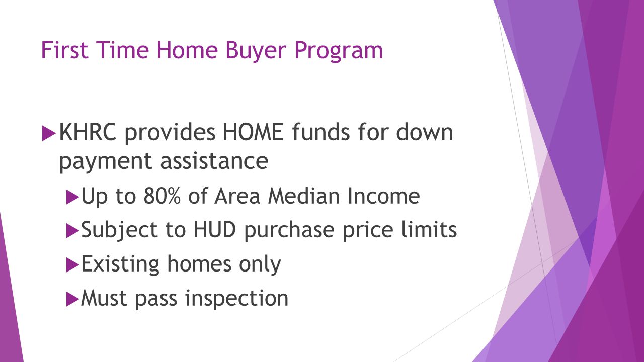 First Time Home Buyer Program  KHRC provides HOME funds for down payment assistance  Up to 80% of Area Median Income  Subject to HUD purchase price limits  Existing homes only  Must pass inspection