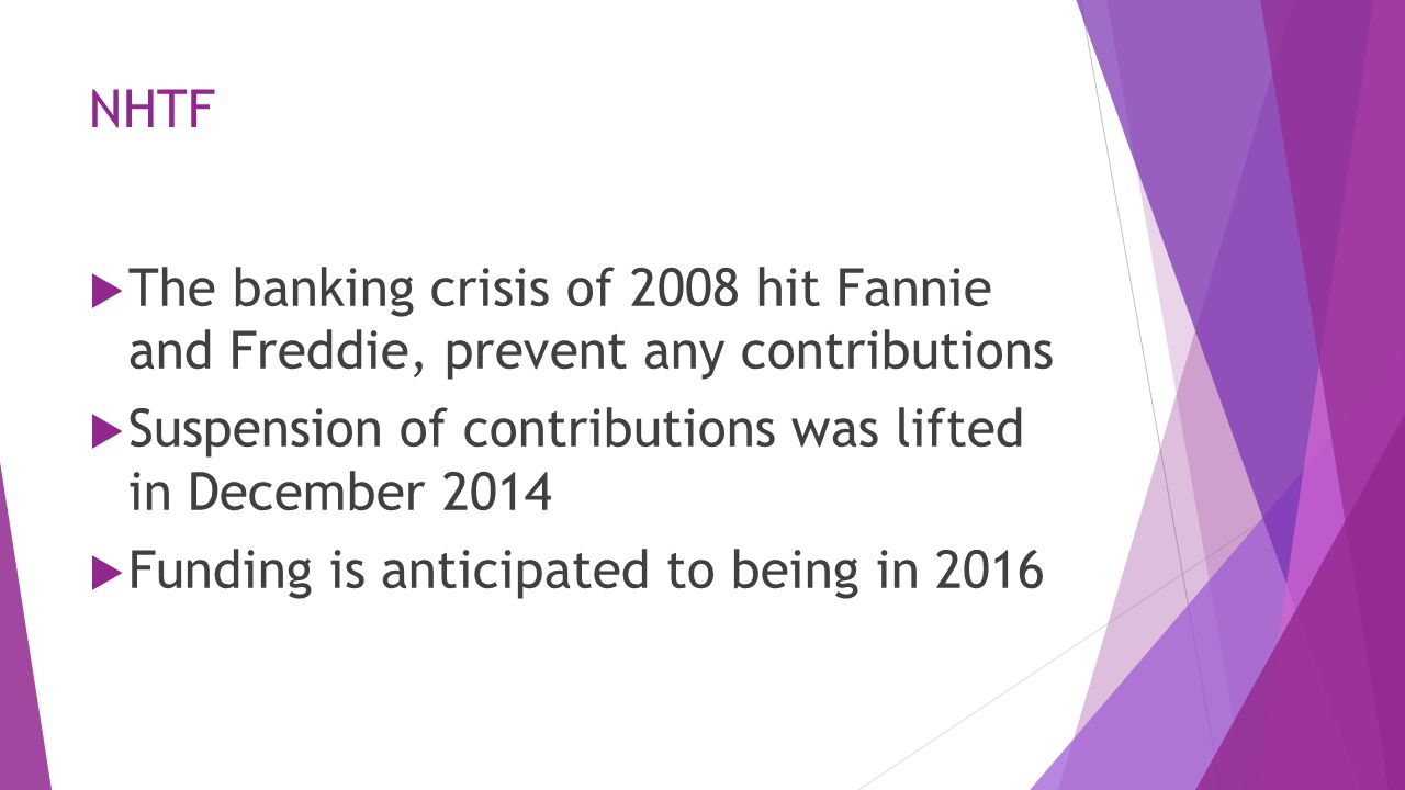 NHTF  The banking crisis of 2008 hit Fannie and Freddie, prevent any contributions  Suspension of contributions was lifted in December 2014  Funding is anticipated to being in 2016