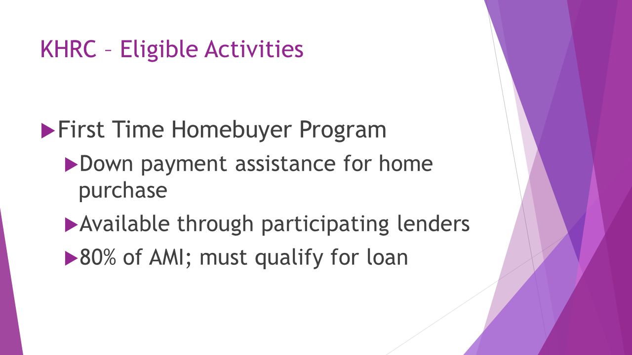 KHRC – Eligible Activities  First Time Homebuyer Program  Down payment assistance for home purchase  Available through participating lenders  80% of AMI; must qualify for loan