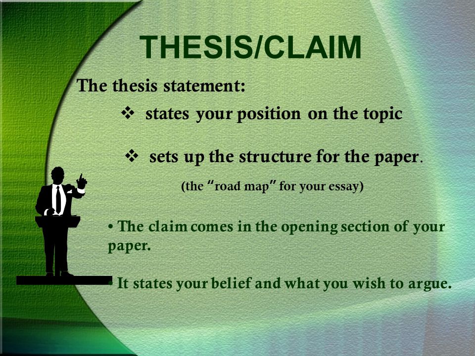 THESIS/CLAIM The thesis statement:  states your position on the topic  sets up the structure for the paper.