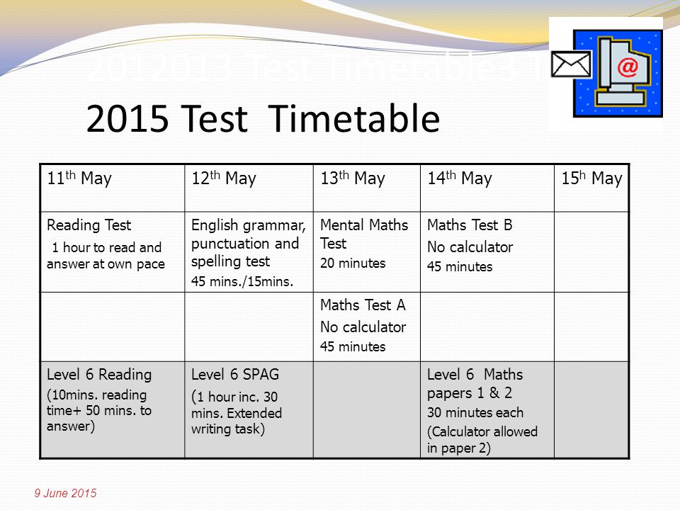 Test Timetable3 Test 2015 Test Timetable 11 th May12 th May13 th May14 th May15 h May Reading Test 1 hour to read and answer at own pace English grammar, punctuation and spelling test 45 mins./15mins.