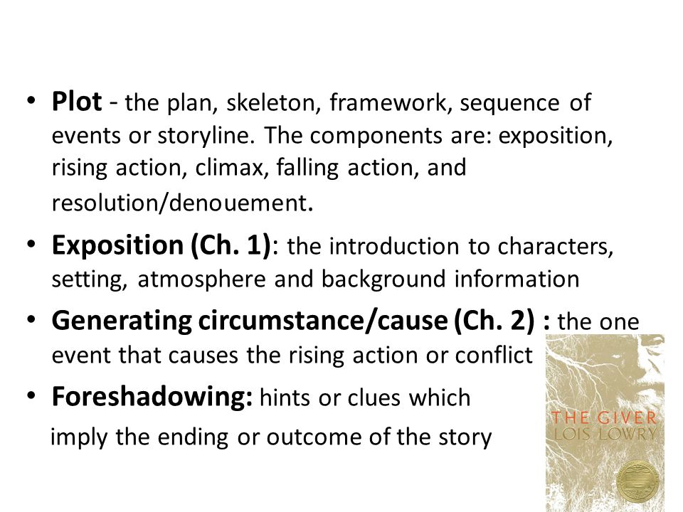 Plot - the plan, skeleton, framework, sequence of events or storyline.