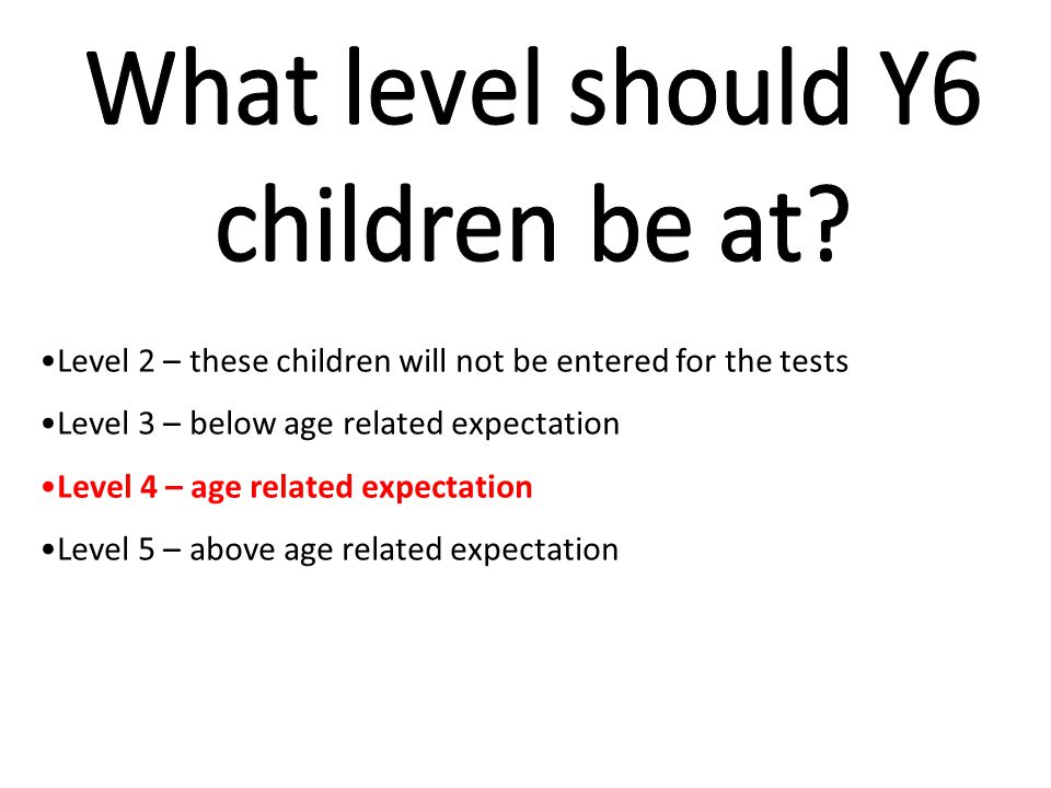 Level 2 – these children will not be entered for the tests Level 3 – below age related expectation Level 4 – age related expectation Level 5 – above age related expectation