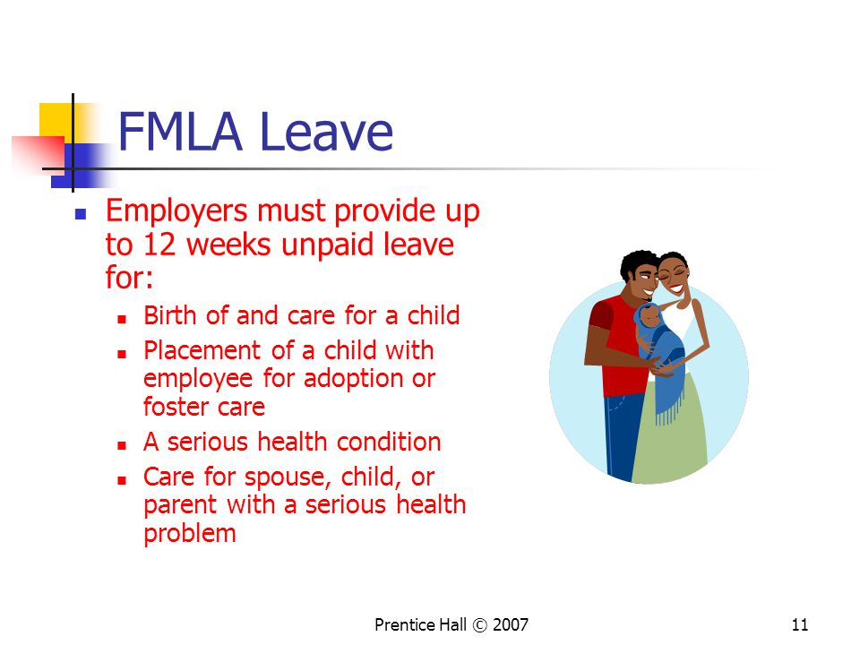 Prentice Hall © FMLA Leave Employers must provide up to 12 weeks unpaid leave for: Birth of and care for a child Placement of a child with employee for adoption or foster care A serious health condition Care for spouse, child, or parent with a serious health problem