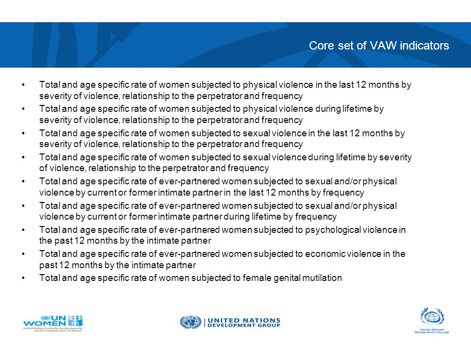 Core set of VAW indicators Total and age specific rate of women subjected to physical violence in the last 12 months by severity of violence, relationship to the perpetrator and frequency Total and age specific rate of women subjected to physical violence during lifetime by severity of violence, relationship to the perpetrator and frequency Total and age specific rate of women subjected to sexual violence in the last 12 months by severity of violence, relationship to the perpetrator and frequency Total and age specific rate of women subjected to sexual violence during lifetime by severity of violence, relationship to the perpetrator and frequency Total and age specific rate of ever-partnered women subjected to sexual and/or physical violence by current or former intimate partner in the last 12 months by frequency Total and age specific rate of ever-partnered women subjected to sexual and/or physical violence by current or former intimate partner during lifetime by frequency Total and age specific rate of ever-partnered women subjected to psychological violence in the past 12 months by the intimate partner Total and age specific rate of ever-partnered women subjected to economic violence in the past 12 months by the intimate partner Total and age specific rate of women subjected to female genital mutilation