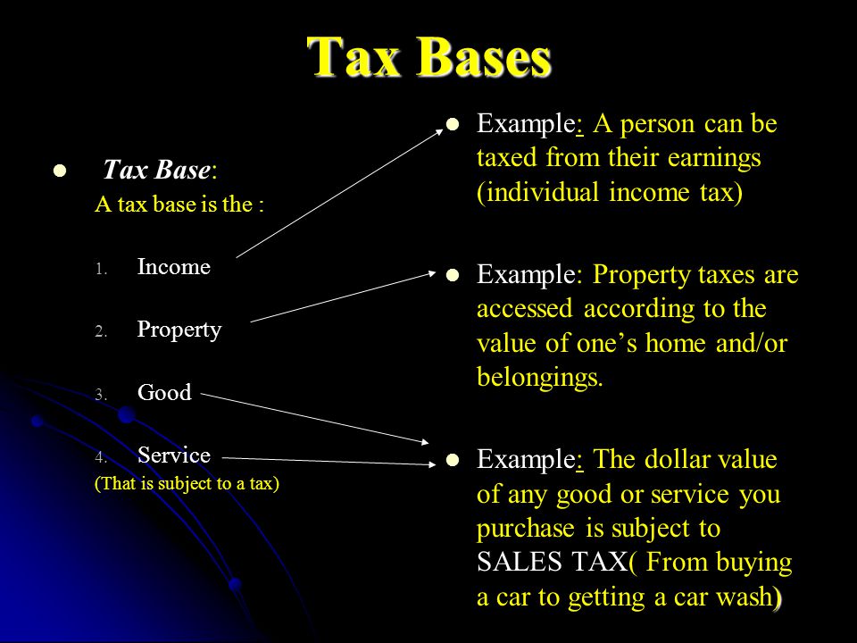 Tax Bases Tax Base: A tax base is the : Income 2.