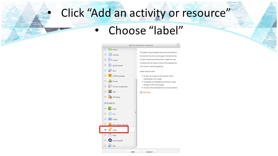 Click Add an activity or resource Choose label