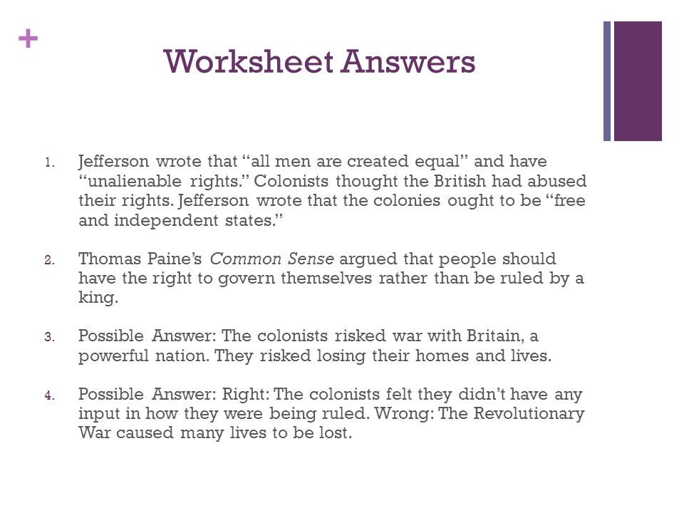 + Worksheet Answers 1.