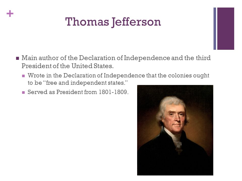 + Thomas Jefferson Main author of the Declaration of Independence and the third President of the United States.