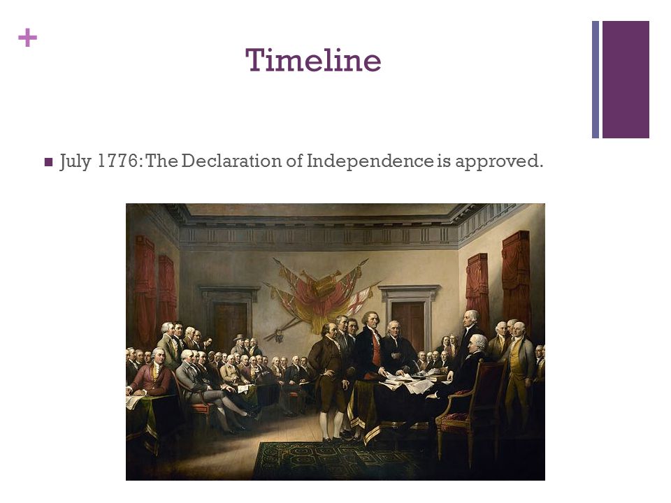 + Timeline July 1776: The Declaration of Independence is approved.