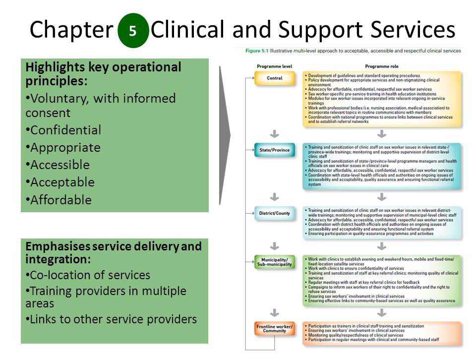 Chapter Clinical and Support Services Highlights key operational principles: Voluntary, with informed consent Confidential Appropriate Accessible Acceptable Affordable 5 Emphasises service delivery and integration: Co-location of services Training providers in multiple areas Links to other service providers