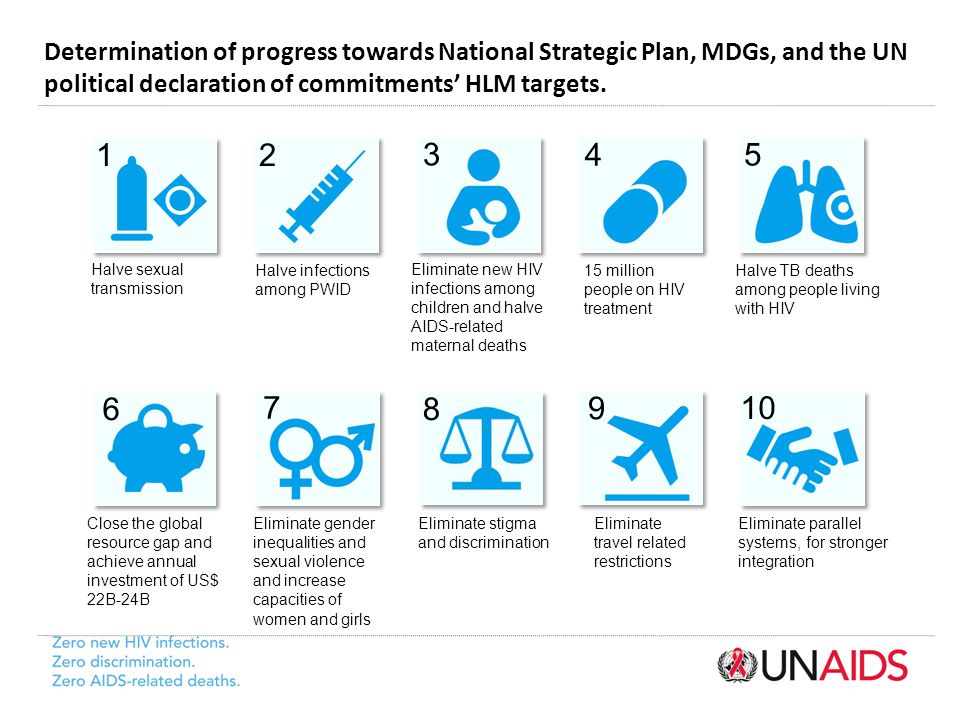 Determination of progress towards National Strategic Plan, MDGs, and the UN political declaration of commitments’ HLM targets.