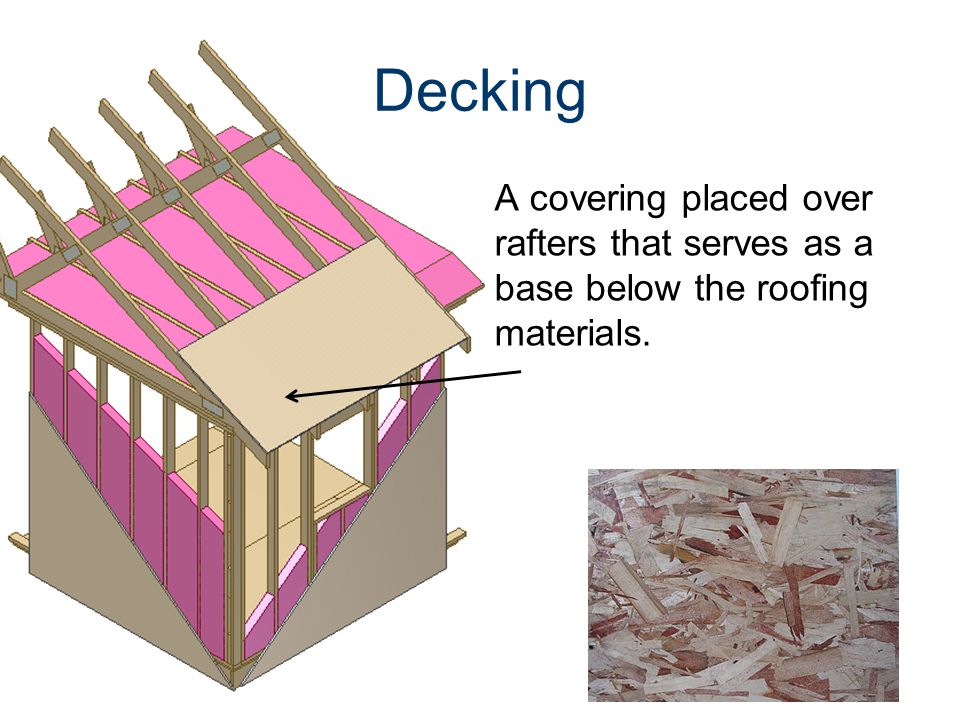 Decking A covering placed over rafters that serves as a base below the roofing materials.