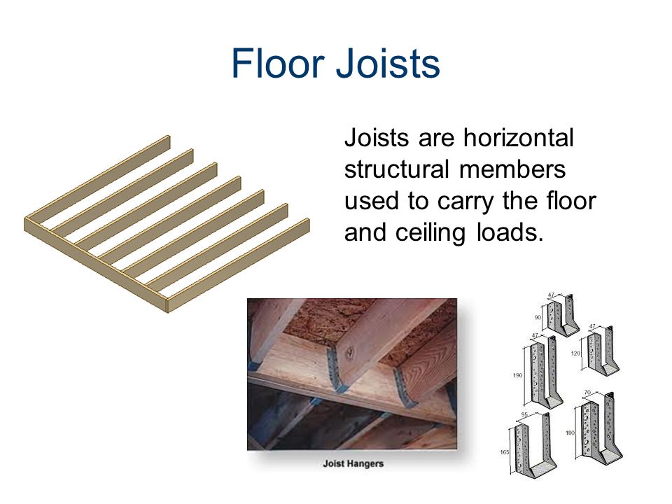 Floor Joists Joists are horizontal structural members used to carry the floor and ceiling loads.