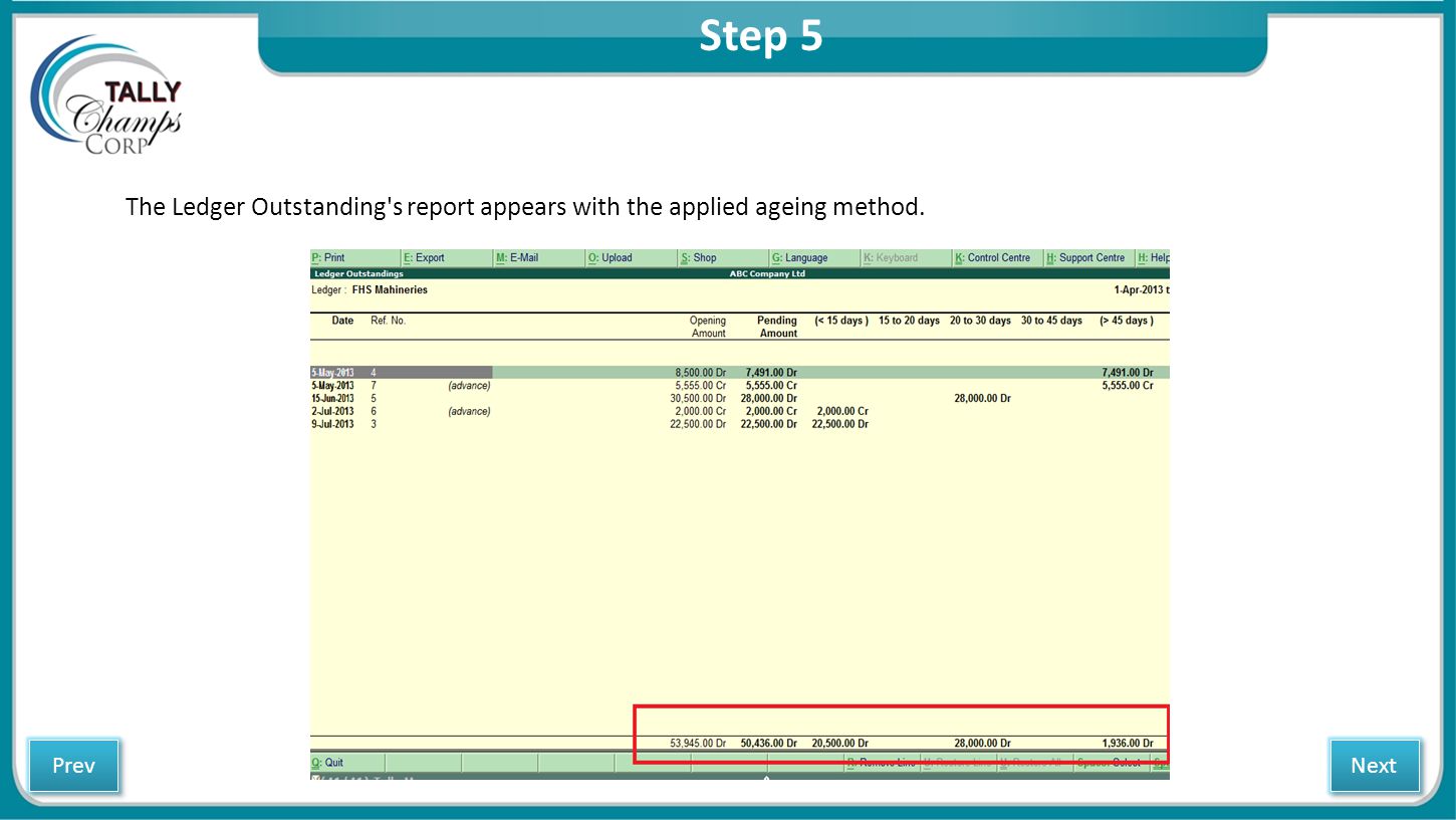 Step 5 The Ledger Outstanding s report appears with the applied ageing method. Next Prev