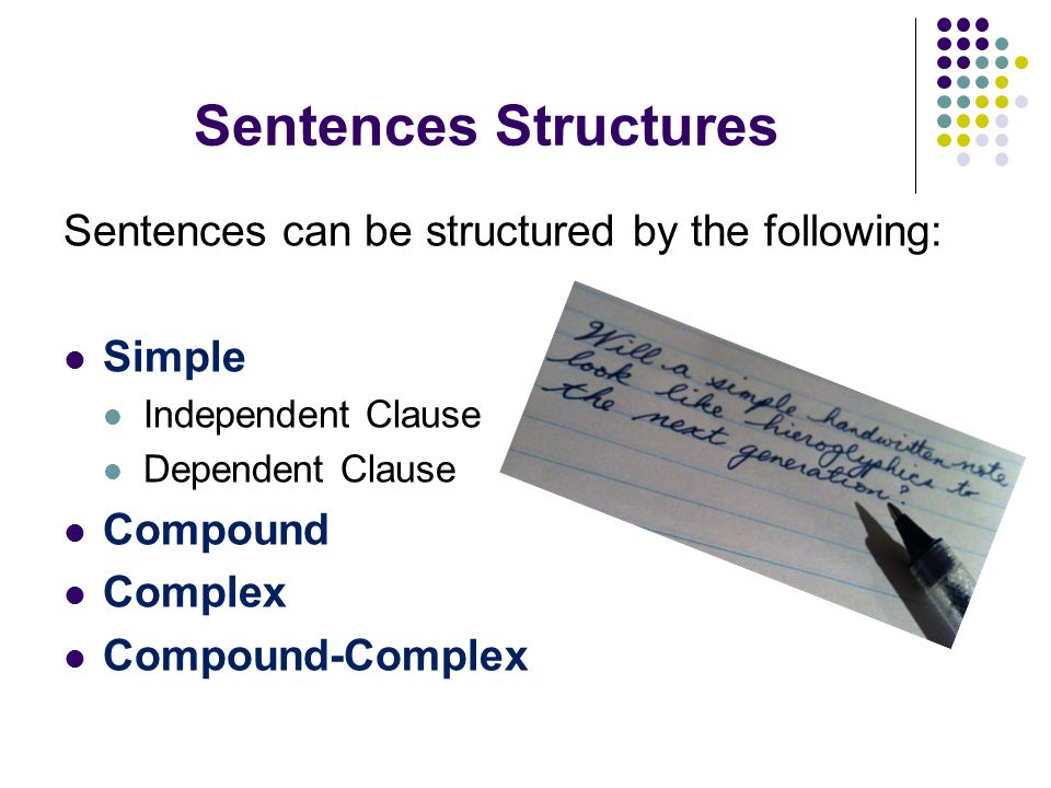 Sentences Structures Sentences can be structured by the following: Simple Independent Clause Dependent Clause Compound Complex Compound-Complex