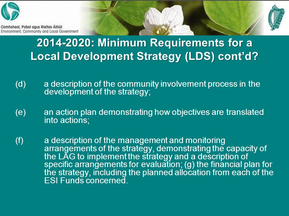 : Minimum Requirements for a Local Development Strategy (LDS) cont’d.
