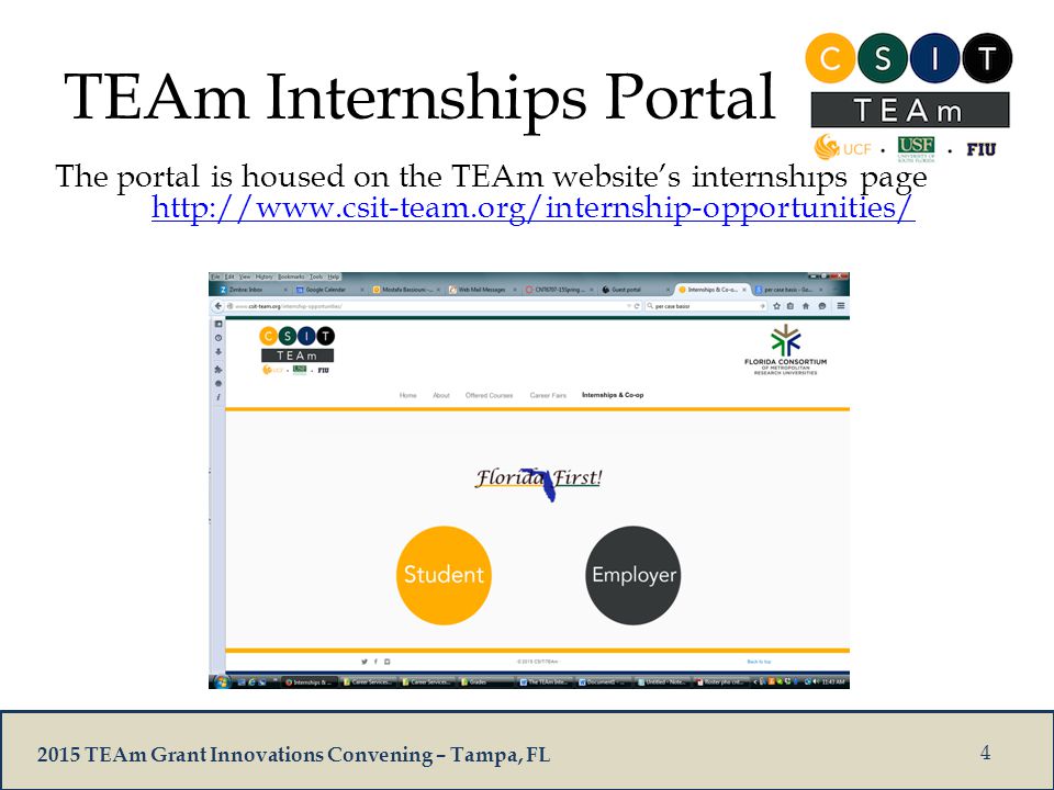2015 TEAm Grant Innovations Convening – Tampa, FL The portal is housed on the TEAm website’s internships page   4 TEAm Internships Portal