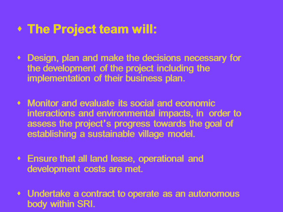  The Project team will:  Design, plan and make the decisions necessary for the development of the project including the implementation of their business plan.