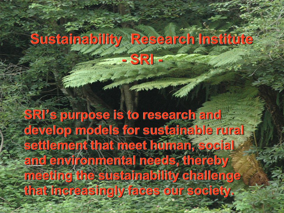 Sustainability Research Institute - SRI - SRI ’ s purpose is to research and develop models for sustainable rural settlement that meet human, social and environmental needs, thereby meeting the sustainability challenge that increasingly faces our society.