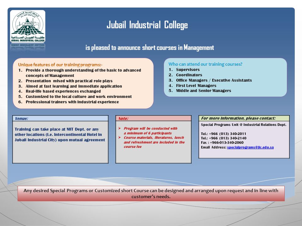 Jubail Industrial College is pleased to announce short courses in Management For more information, please contact: Special Programs Industrial Relations Dept.
