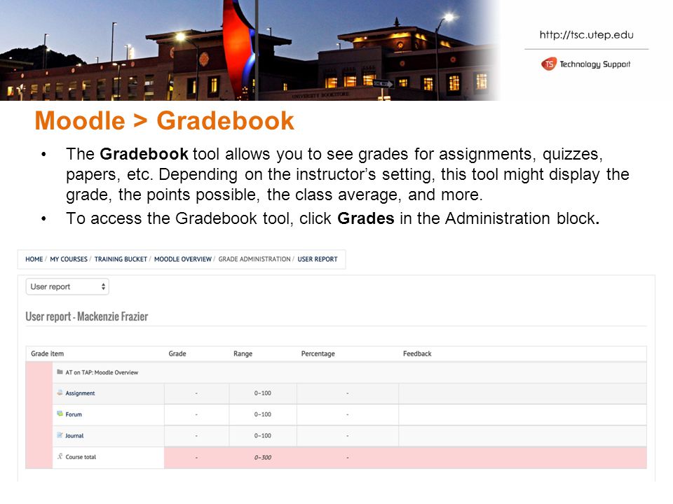Moodle > Gradebook The Gradebook tool allows you to see grades for assignments, quizzes, papers, etc.