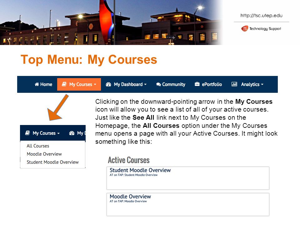 Top Menu: My Courses Clicking on the downward-pointing arrow in the My Courses icon will allow you to see a list of all of your active courses.