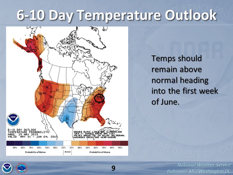 National Weather Service Baltimore MD/Washington DC 6-10 Day Temperature Outlook Temps should remain above normal heading into the first week of June.