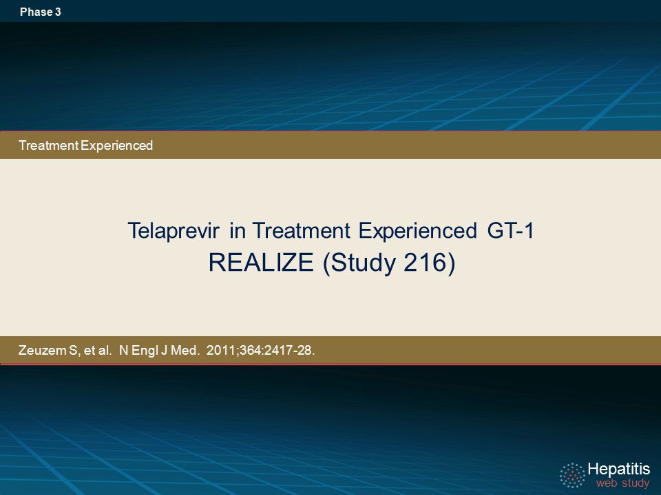 Hepatitis web study Hepatitis web study Telaprevir in Treatment Experienced GT-1 REALIZE (Study 216) Phase 3 Treatment Experienced Zeuzem S, et al.