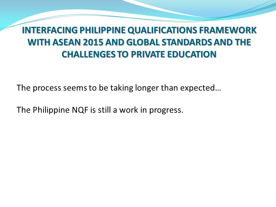 INTERFACING PHILIPPINE QUALIFICATIONS FRAMEWORK WITH ASEAN 2015 AND GLOBAL STANDARDS AND THE CHALLENGES TO PRIVATE EDUCATION The process seems to be taking longer than expected… The Philippine NQF is still a work in progress.