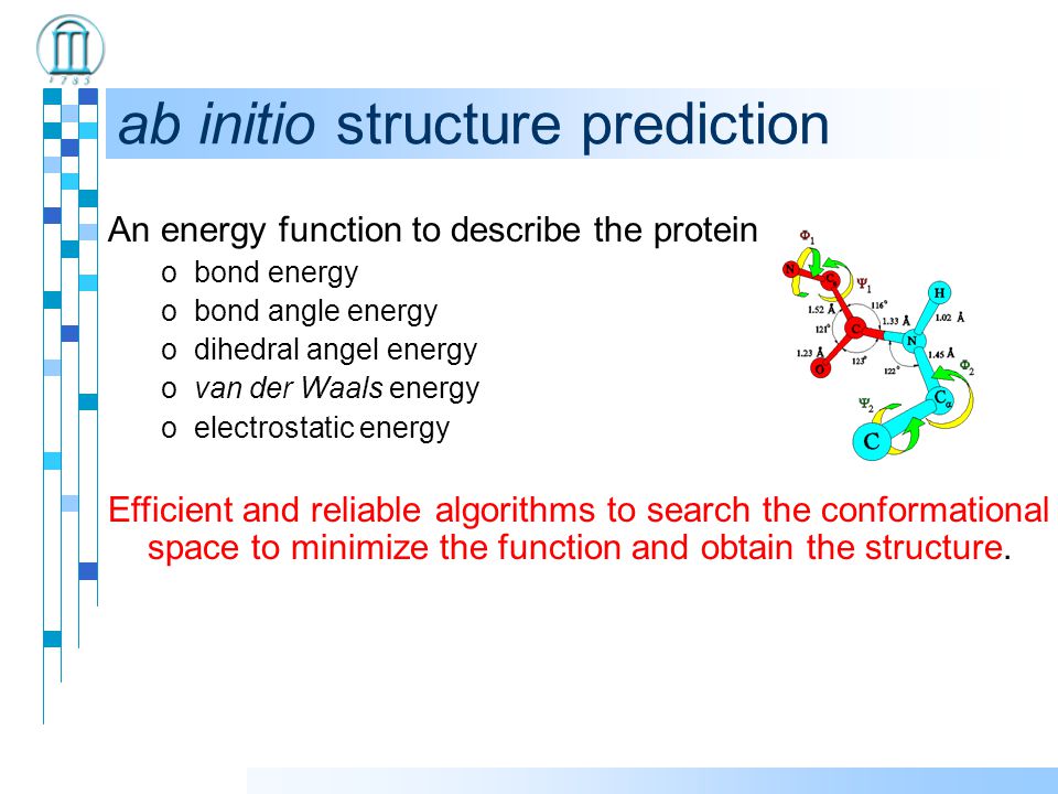 ab initio structure prediction An energy function to describe the protein obond energy obond angle energy odihedral angel energy ovan der Waals energy oelectrostatic energy Efficient and reliable algorithms to search the conformational space to minimize the function and obtain the structure.