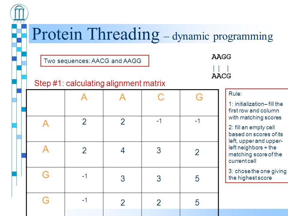 Protein Threading – dynamic programming AAGG AACG | | | Two sequences: AACG and AAGG AACG A A G G Step #1: calculating alignment matrix Rule: 1: initialization– fill the first row and column with matching scores 2: fill an empty cell based on scores of its left, upper and upper- left neighbors + the matching score of the current cell 3: chose the one giving the highest score