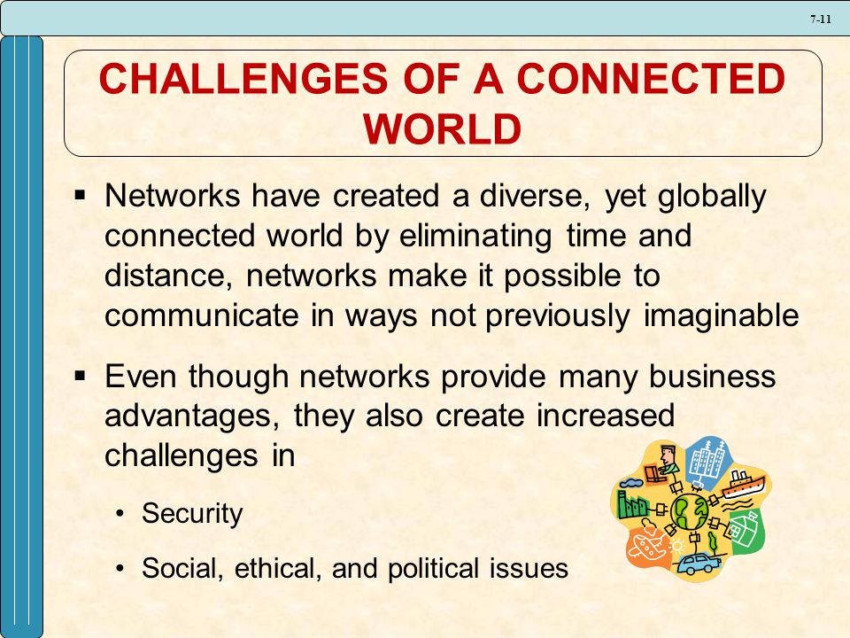 7-11 CHALLENGES OF A CONNECTED WORLD  Networks have created a diverse, yet globally connected world by eliminating time and distance, networks make it possible to communicate in ways not previously imaginable  Even though networks provide many business advantages, they also create increased challenges in Security Social, ethical, and political issues