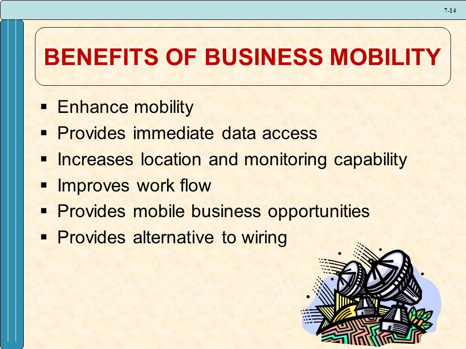 7-14 BENEFITS OF BUSINESS MOBILITY  Enhance mobility  Provides immediate data access  Increases location and monitoring capability  Improves work flow  Provides mobile business opportunities  Provides alternative to wiring