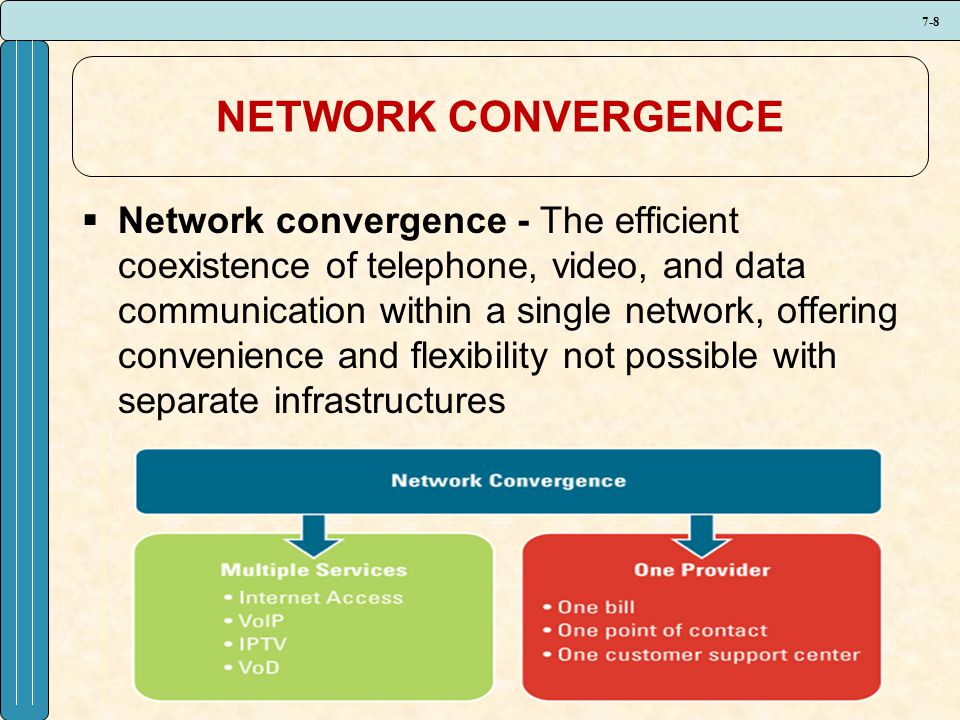 7-8 NETWORK CONVERGENCE  Network convergence - The efficient coexistence of telephone, video, and data communication within a single network, offering convenience and flexibility not possible with separate infrastructures