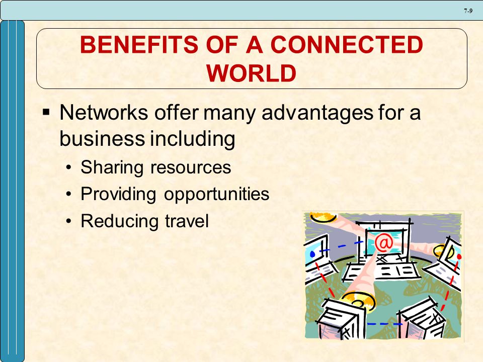 7-9 BENEFITS OF A CONNECTED WORLD  Networks offer many advantages for a business including Sharing resources Providing opportunities Reducing travel