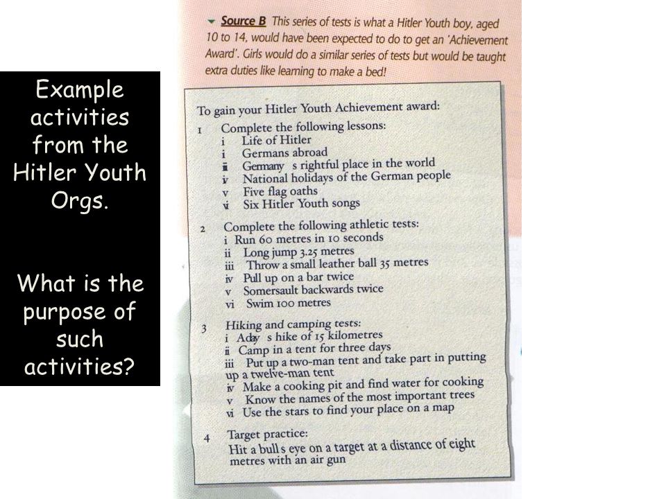 Example activities from the Hitler Youth Orgs. What is the purpose of such activities