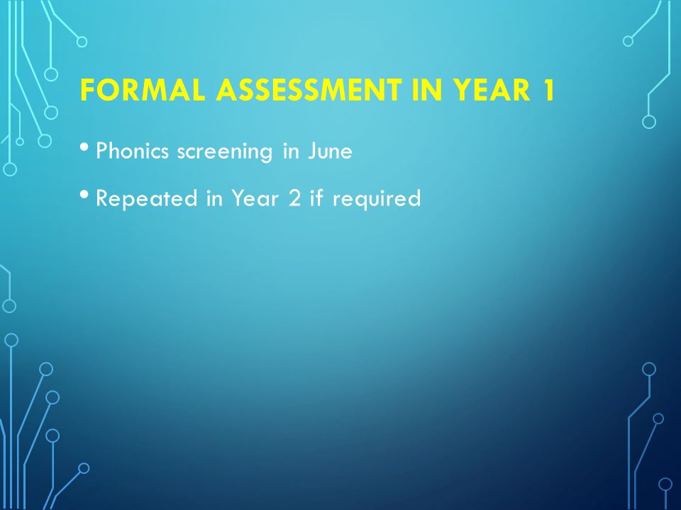 FORMAL ASSESSMENT IN YEAR 1 Phonics screening in June Repeated in Year 2 if required