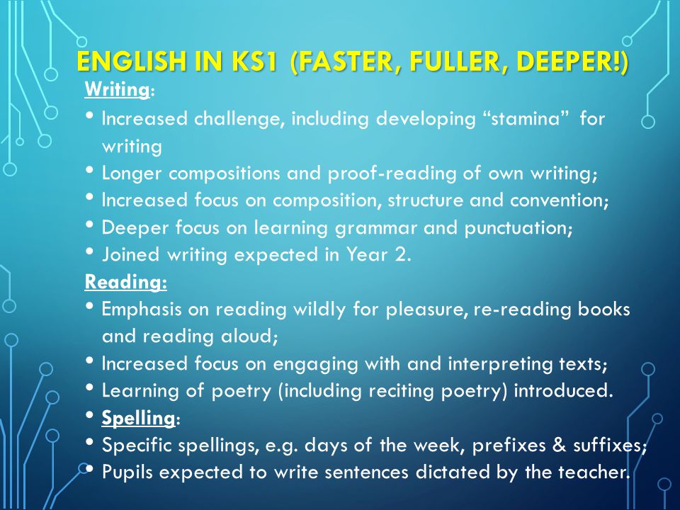 ENGLISH IN KS1 (FASTER, FULLER, DEEPER!) Writing: Increased challenge, including developing stamina for writing Longer compositions and proof-reading of own writing; Increased focus on composition, structure and convention; Deeper focus on learning grammar and punctuation; Joined writing expected in Year 2.